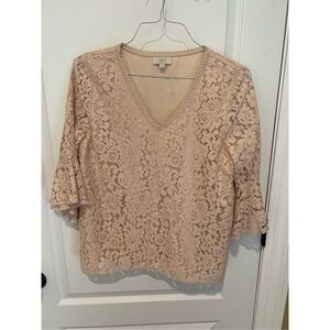 Ann Taylor Loft Outlet pink Lace blouse fully lined, ruffle sleeve detail